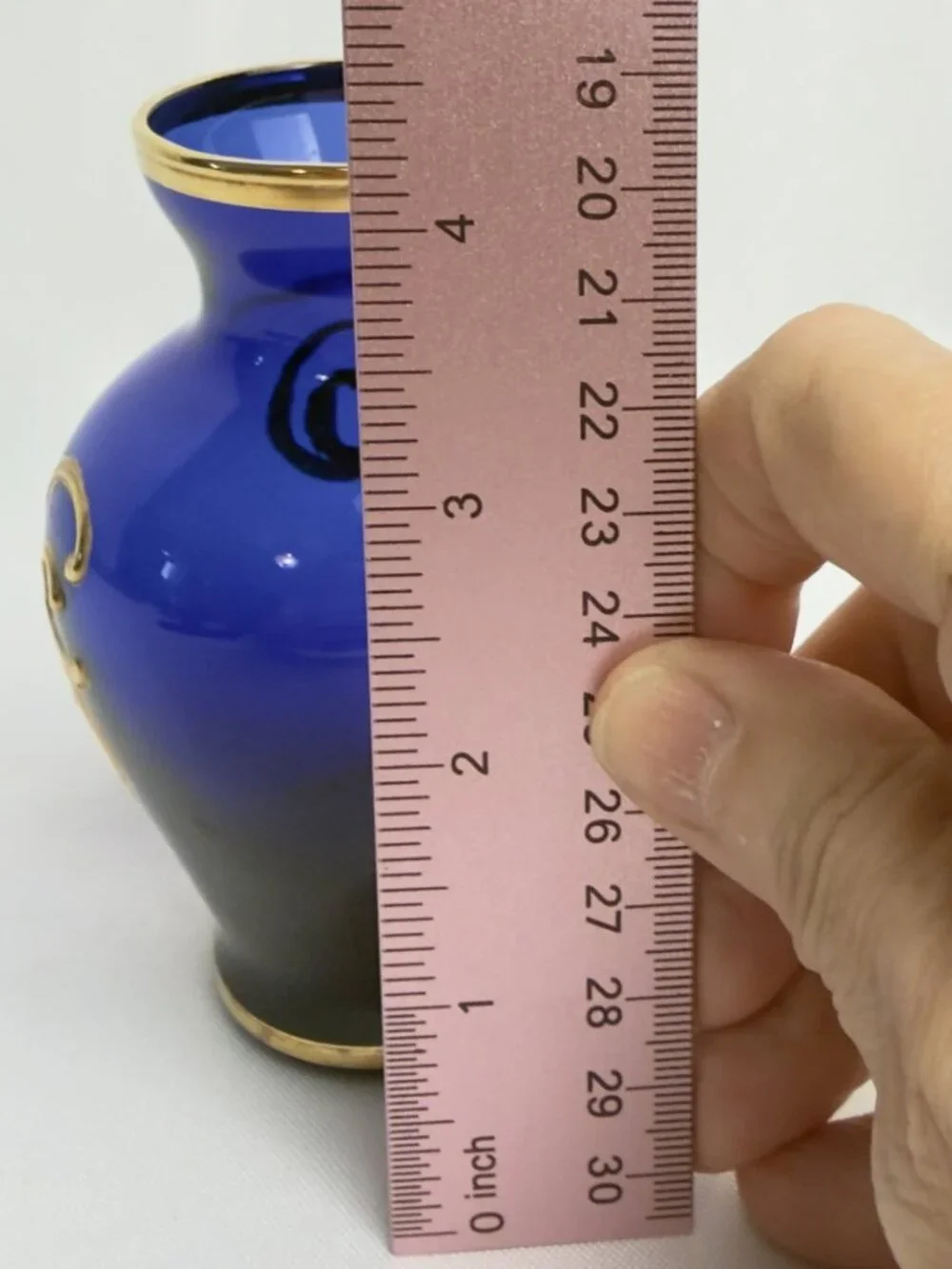 Murano Glass Vintage Vase Cobalt Blue & Gold Enamel Raised Floral 4 ¼” Italy